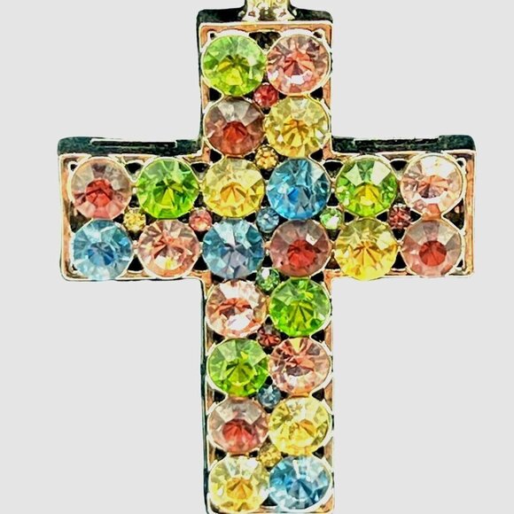 Purple Coral Necklace With Multicolor Glass Rhinestone Cross Pendant. - Picture 2 of 7